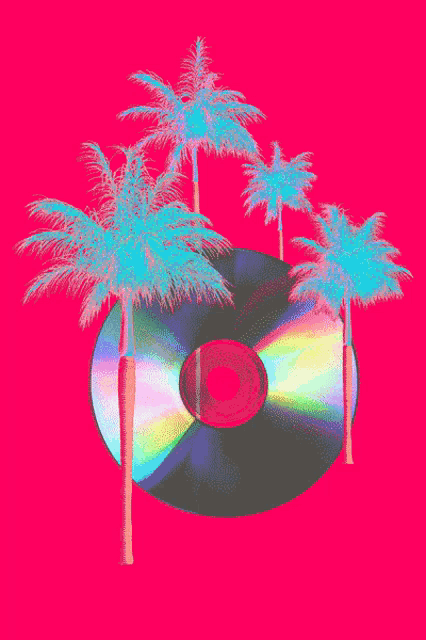 a cd is surrounded by palm trees on a bright pink background
