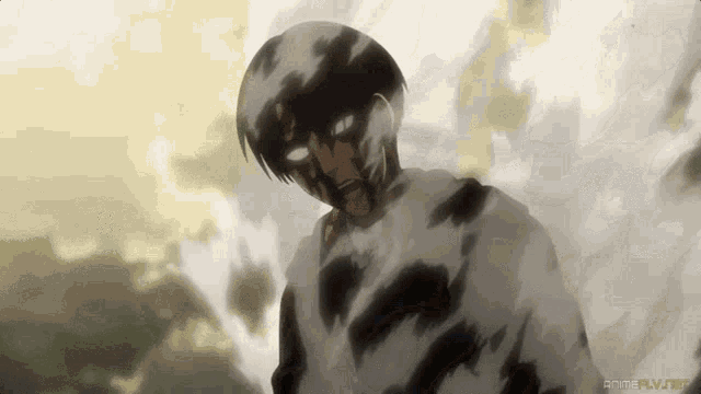 a man in a white shirt is standing in a field with smoke coming out of his eyes .