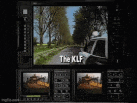 a tv screen shows a car driving down a road with the klf written on it