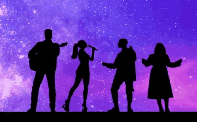 silhouettes of people singing and playing instruments with a purple background