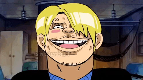 a cartoon drawing of a man with a big smile and the words sinisterbaby on the bottom right