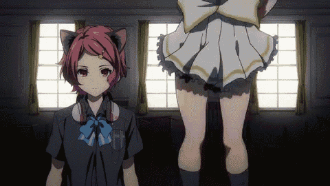 a girl with cat ears is standing next to a girl in a white skirt