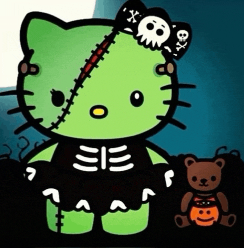 a cartoon of hello kitty dressed as a frankenstein monster
