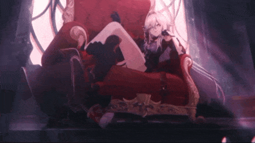 a cartoon character is sitting on a red couch