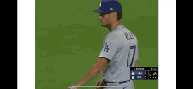 a baseball player wearing a la jersey is standing on a field .