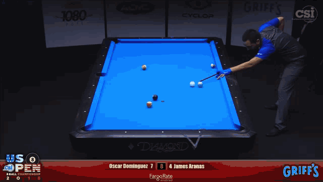 a pool table with a blue cloth that says griff 's on it