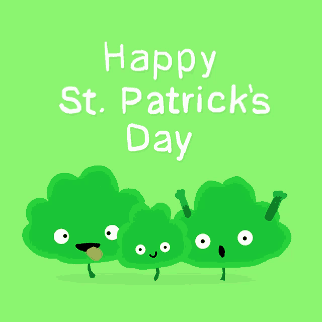 a happy st. patrick 's day greeting card with three green cartoon characters