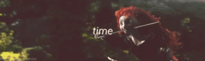 a woman with red hair is holding a bow and arrow and the word time is on the screen .
