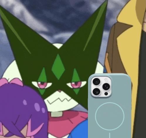 a phone in a case with a cartoon character behind it