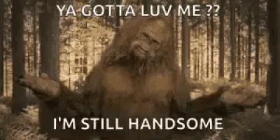 a bigfoot is standing in the woods with his arms outstretched and says `` ya gotta luv me ? ''
