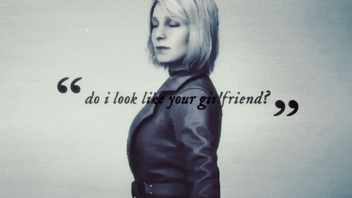 a woman in a leather jacket is standing in front of a quote that says do i look like your girlfriend