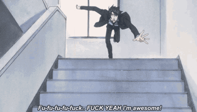 a man in a suit is falling down a set of stairs saying fu-fu-fu-fu-fuck