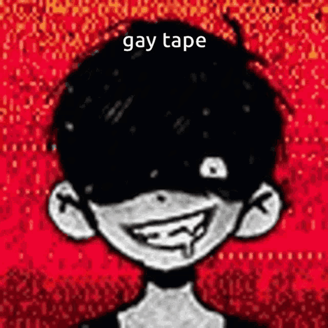 a black and white drawing of a boy with a smile on his face and the words `` gay tape '' written above him .