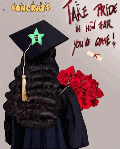 a congratulations card with a woman in a graduation cap and gown holding red roses