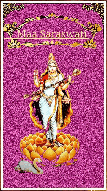a picture of maa saraswati with a swan and a frog