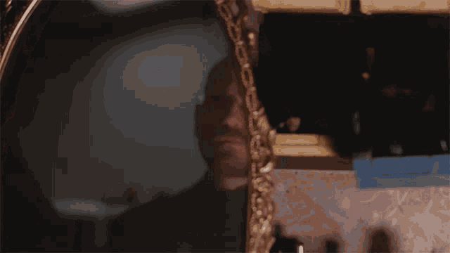 a man with glasses and a beard is looking at himself in a mirror