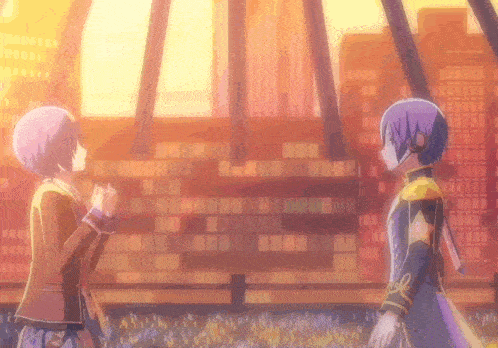 a couple of anime characters are standing next to each other in front of a crowd .