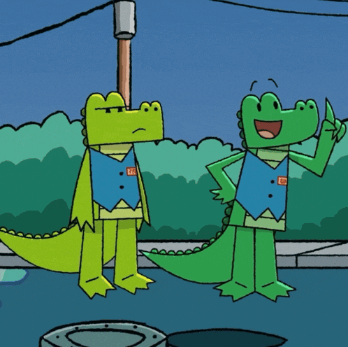 a cartoon of two alligators standing next to each other with one wearing a vest that says ff on it