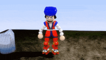 a cartoon character with a blue hat and red pants is standing in a field