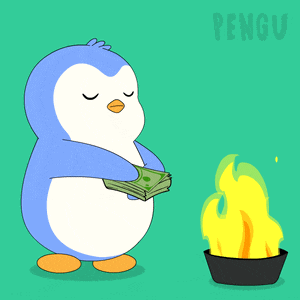 a cartoon of a penguin holding money next to a fire with the word pengu on the bottom