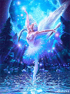 a painting of a ballerina with wings dancing in a lake
