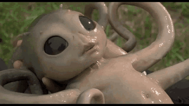 a close up of a person holding a baby alien with tentacles