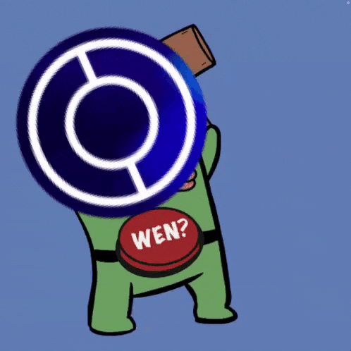 a cartoon character is holding a button that says wen on it