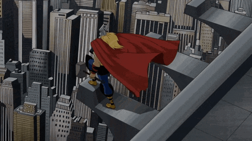 a cartoon of thor holding a hammer on top of a city