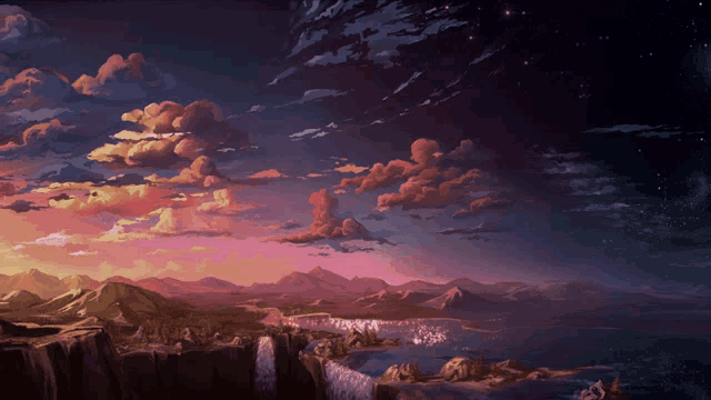 a painting of a landscape with mountains and a waterfall at sunset