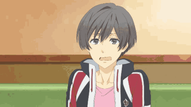 a cartoon character with short hair and a red and black jacket