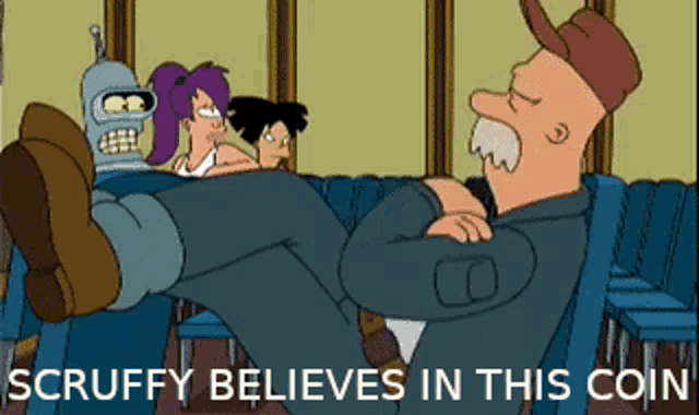 a cartoon says scruffy believes in this coin in the bottom right corner