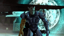 a video game character is standing in front of a large moon .