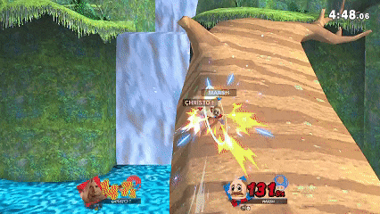 a screenshot of a video game with a waterfall and a tree in the background