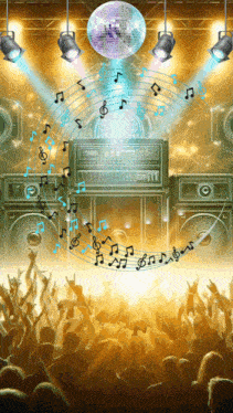 a disco ball surrounded by music notes and a crowd