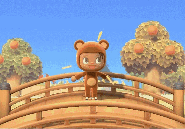 a video game character in a bear costume stands on a bridge
