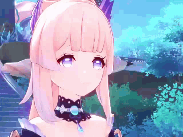 a girl with pink hair and blue eyes is wearing a choker necklace .