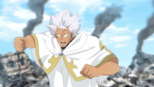 a cartoon character with white hair and a white cape stands in front of a pile of rocks