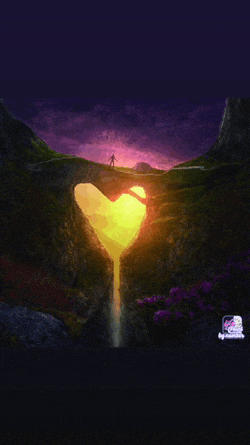 a painting of a man standing on a bridge over a heart shaped waterfall