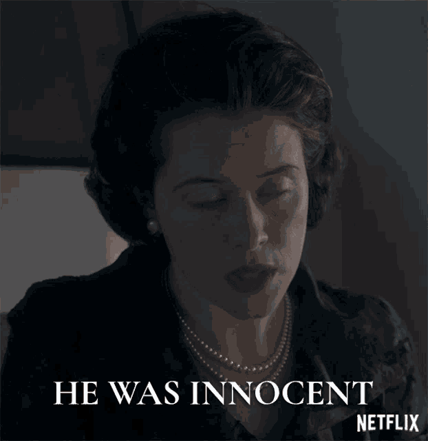 a woman with a pearl necklace says he was innocent on a netflix poster