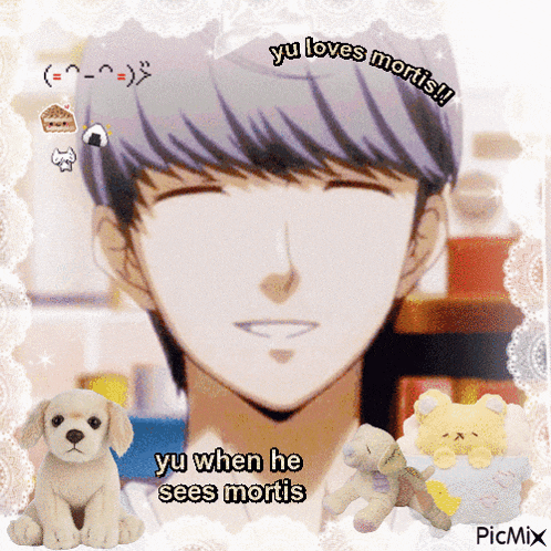a picture of a boy with the words yu loves mortis on it