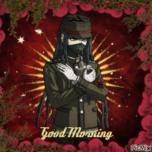a picture of a man with long hair and a mask says good morning