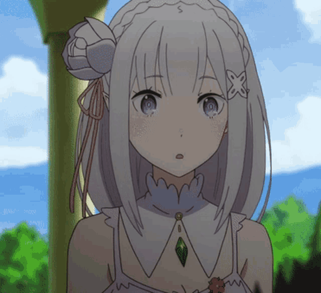 a close up of a girl with white hair