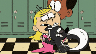 a girl in a pink dress is hugging a skunk in front of lockers