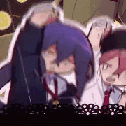 a group of anime characters are standing next to each other in a room and looking at the camera .