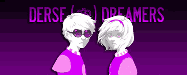 a boy and a girl are standing next to each other and the words derse dreamers are behind them