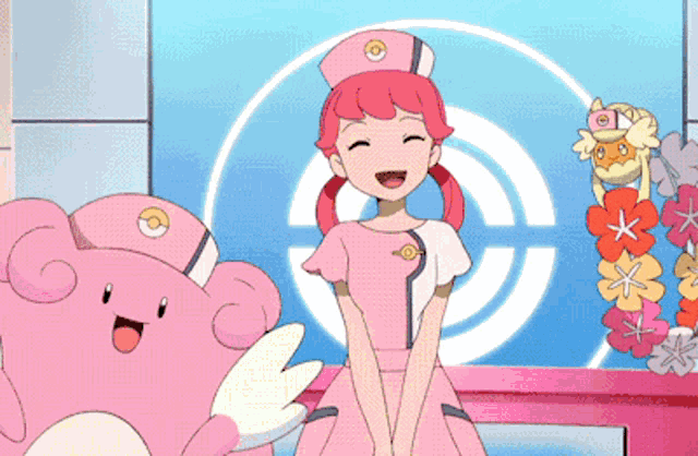 a girl in a pink nurse 's outfit is standing next to a pink pokemon
