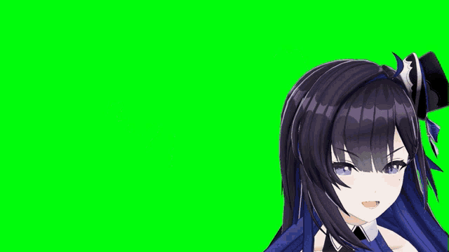 a 3d anime girl with long black hair and blue eyes is waving her arms