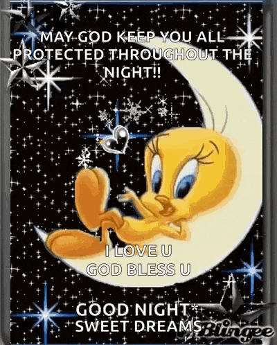 a tweety bird is sitting on a crescent moon with a heart in its mouth .