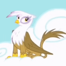 a griffin from my little pony is sitting in the clouds