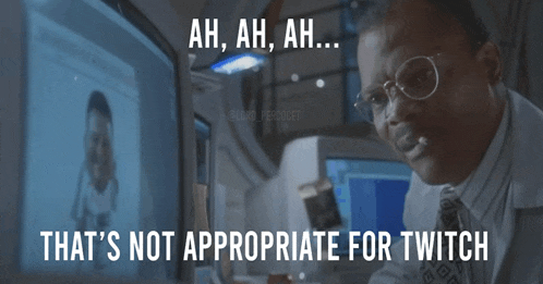 a man wearing glasses looks at a computer screen with the caption " ah ah ah that 's not appropriate for twitch "
